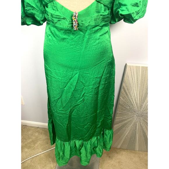SANDRO Green Embellished Puff Sleeve Midi Dress with Rhinestones Size 4 - Picture 7 of 10